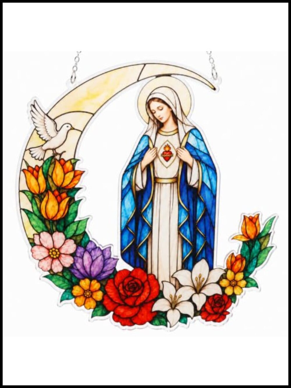 Virgin Mary Hanging Ornament Acrylic with Metal Chain Catholic Decor 7in